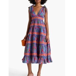 FARM Rio Blue Macaw flight MIDI Dress, which features adjustable self-tie straps